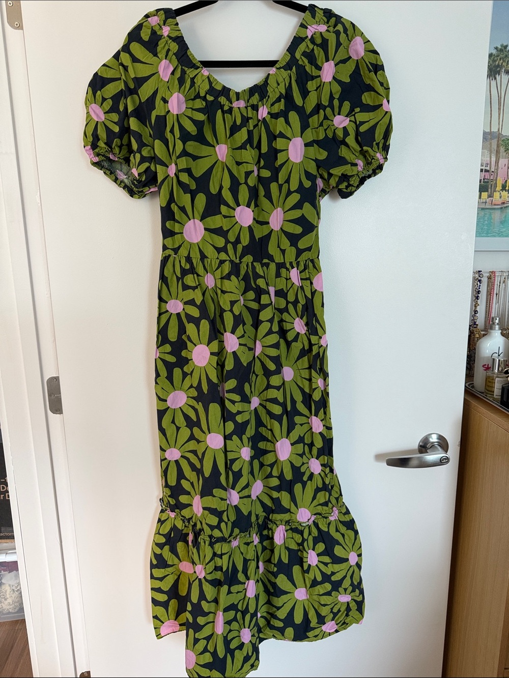 Topshop Navy Midi Dress with Green and Pink Floral Print